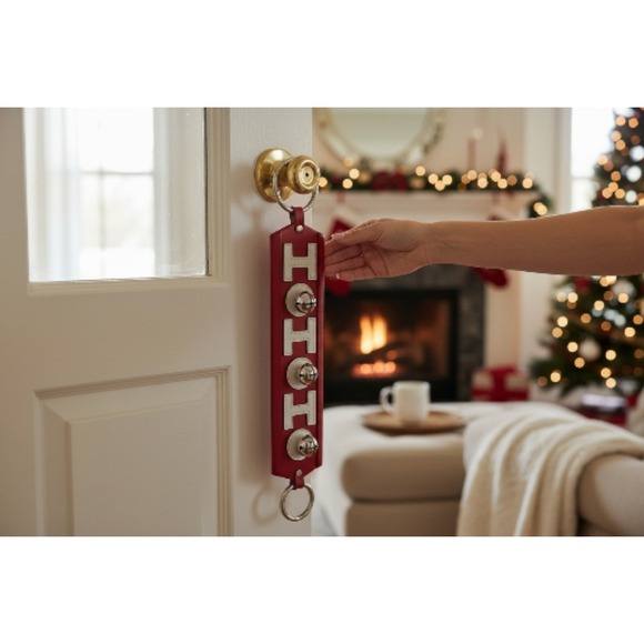 Christmas Door Hanger 21" Red Faux Leather HoHoHo Spellout‎ Silver Jingle Bells - Picture 10 of 10